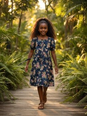 Girls Navy Floral Button-Front Dress with Tie Waist Size 10/12